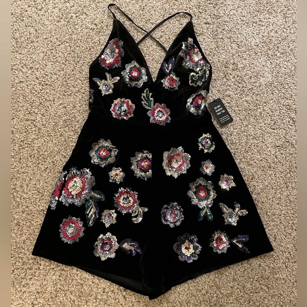 NWT Velvet Sequin, Open Back Romper
